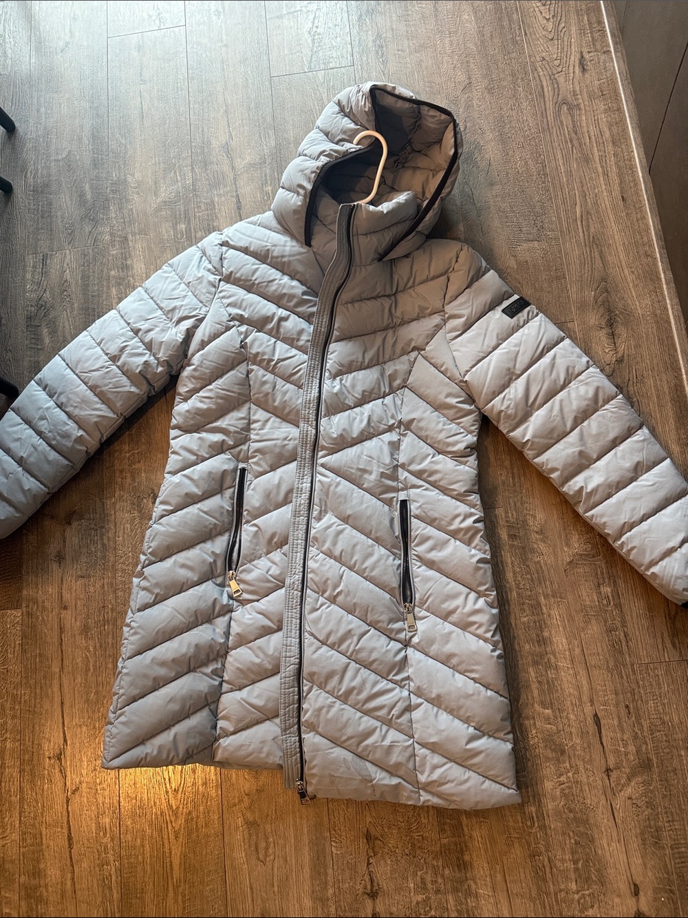 DKNY Light Gray Quilted Hooded Puffer Coat